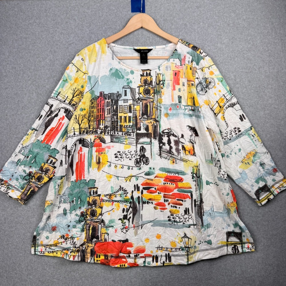 Ali Miles Top Womens XL Multi Color Cityscape Artsy Slub Knit Art to Wear Tunic